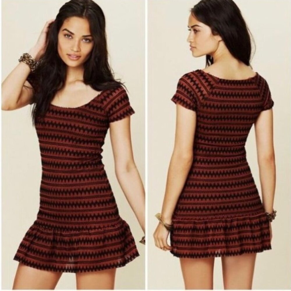 Free People Copper Combo Cozy Day Flounce Dress Womens Small Mini Fall Fit Flare